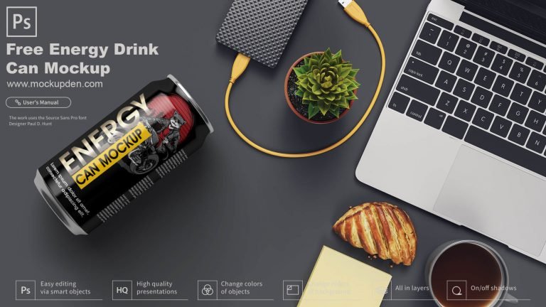Free Energy Drink Can Mockup PSD Template