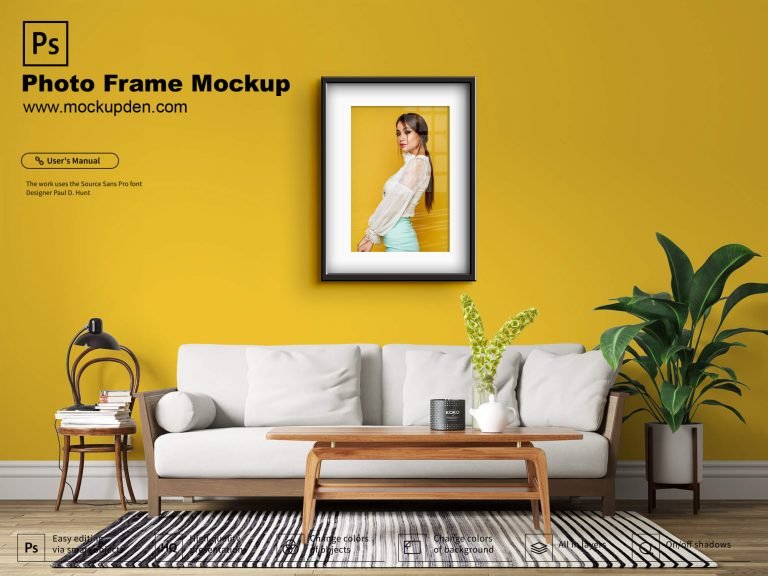 Free Photo Frame Mockup in A Living Room PSD Template
