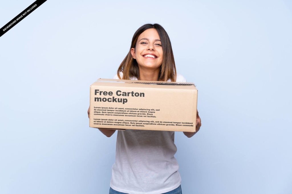 Free Woman Holding Carton Mockup PSD Template
