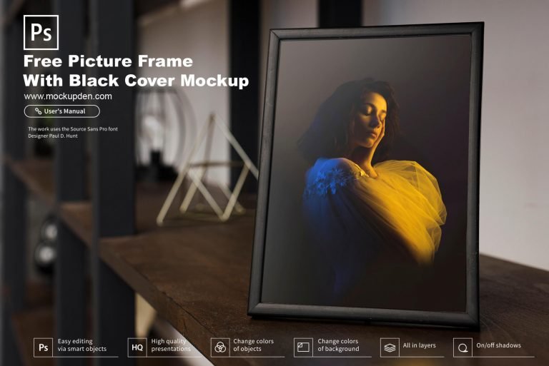 Free Picture Frame With Black Cover Mockup PSD Template