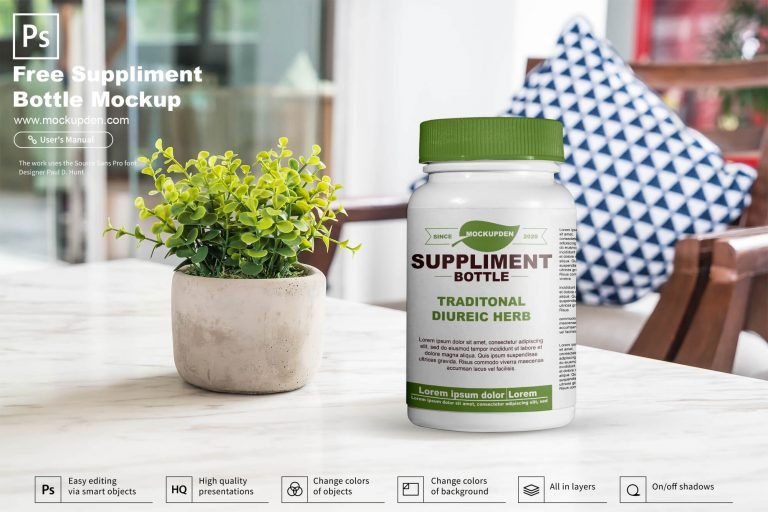 Free Suppliment Bottle Mockup PSD Template