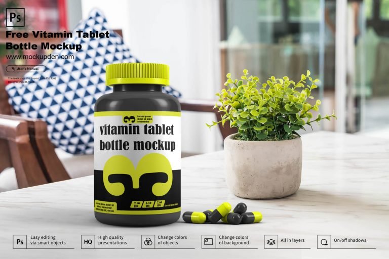 Free Vitamin Tablet Bottle Mockup PSD Template