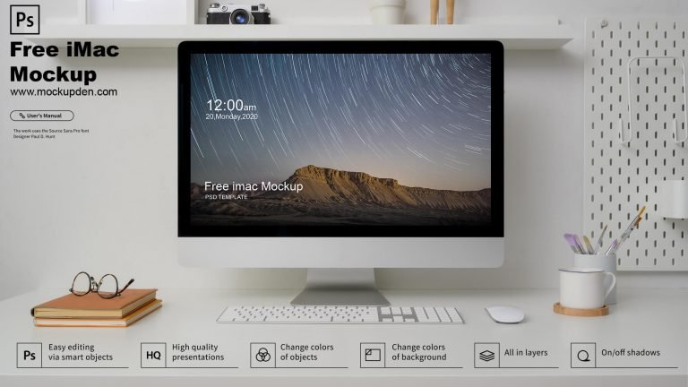 Free iMac On a Study Table Mockup PSD Template