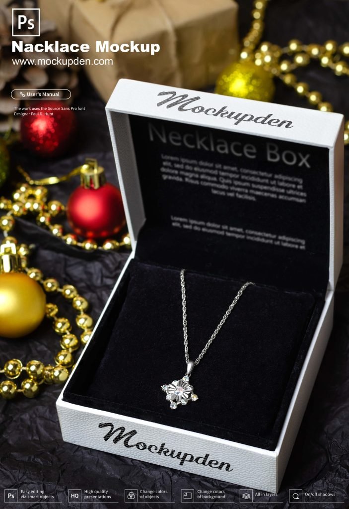 Free Necklace Mockup With Box Packaging PSD Template