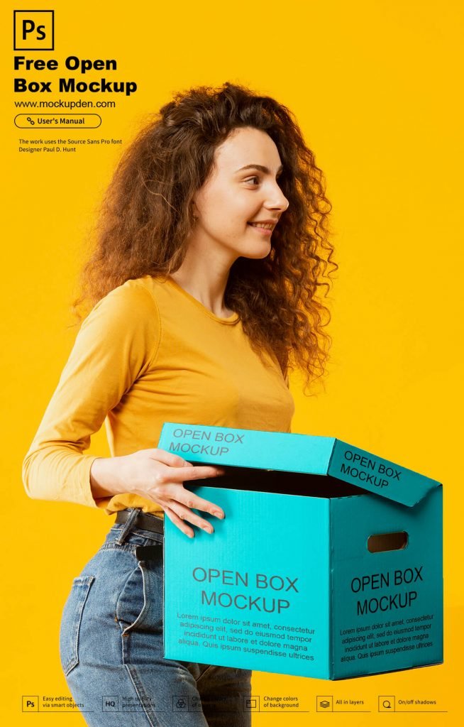 Download Free Woman Holding Open Box Mockup PSD Template