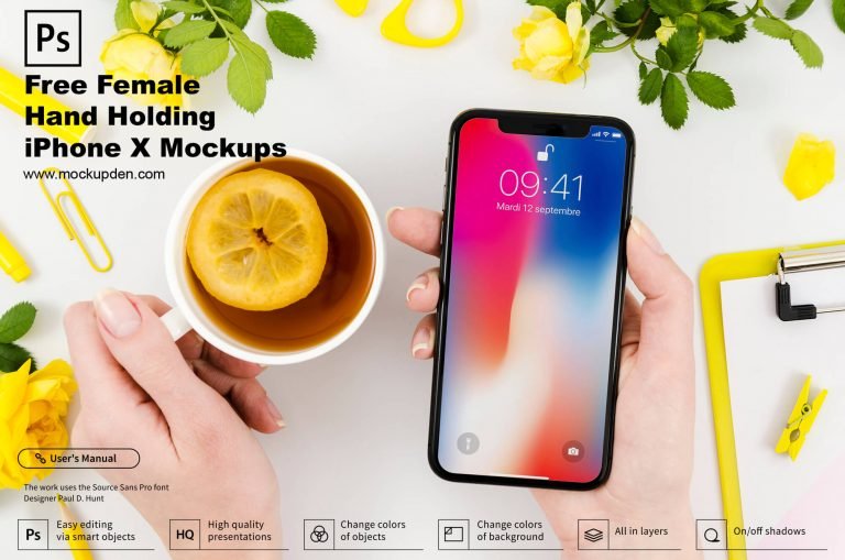 Free Female Hand Holding iPhone X Mockups