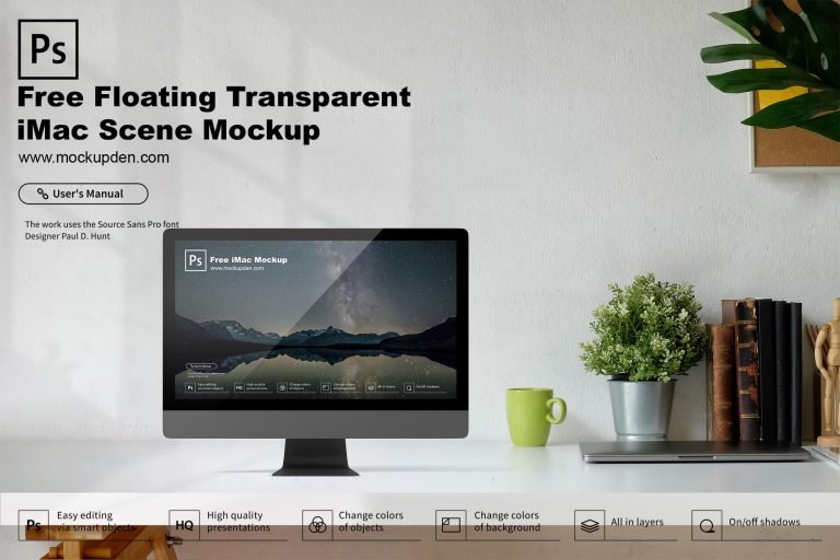 Free Floating Transparent iMac Scene Mockup