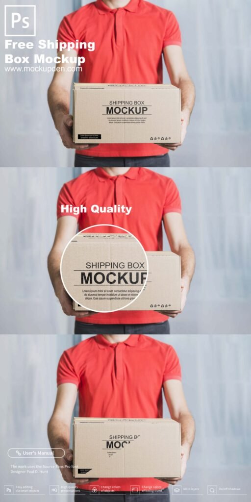 Free Hand Holding Shipping Box Mockup PSD Template