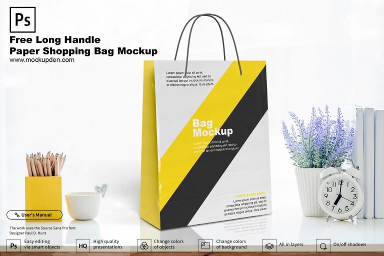 Free Long Handle Paper Shopping Bag Mockup