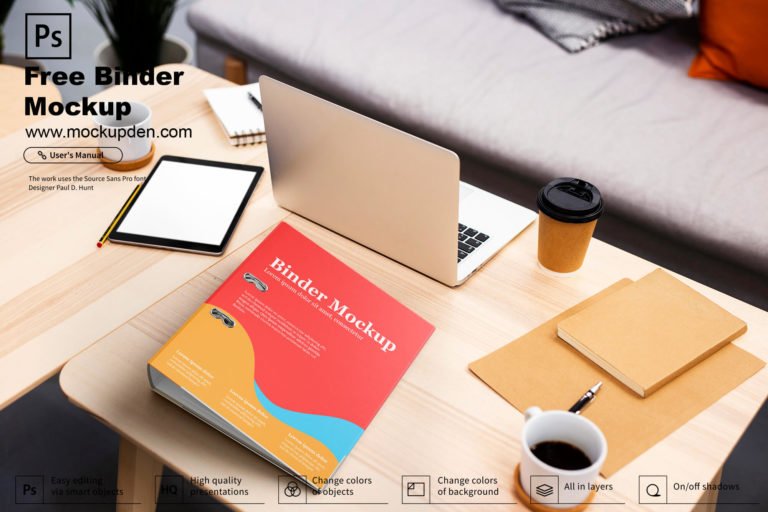 Free Binder Mockup on A Table PSD Template