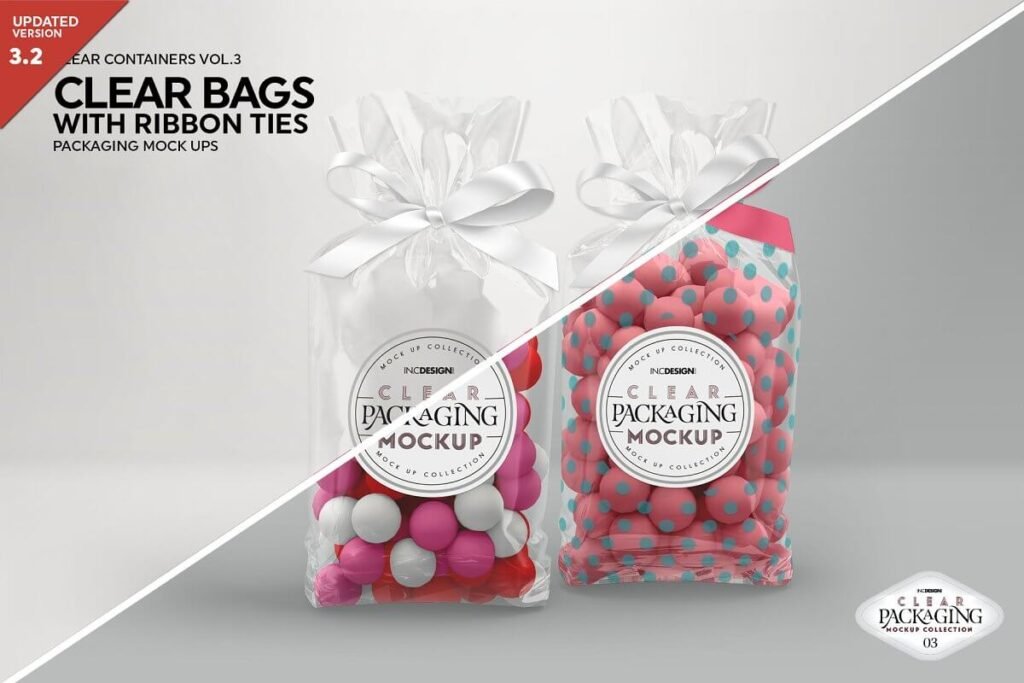 Clear Candy Bags with Ribbon Mockup