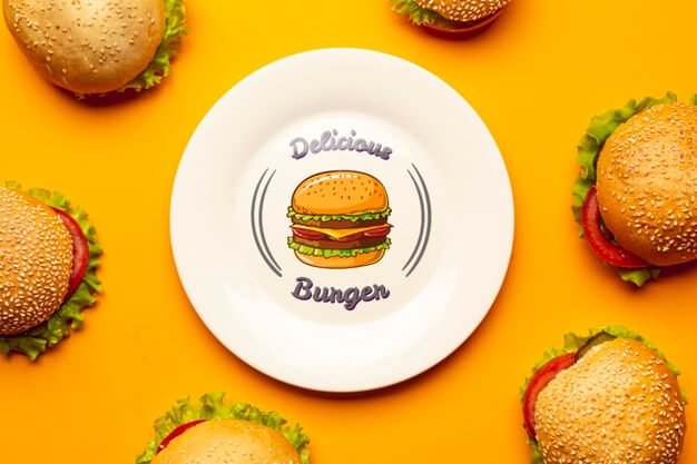 Mock-up plate surrounded by delicious burgers Free Psd