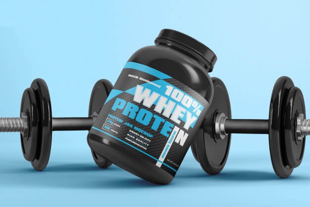 Protein powder supplement packaging with dumbbell mockup Premium Psd