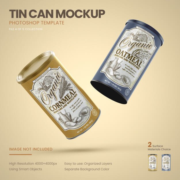 Two large tin cans flying mockup Premium Psd