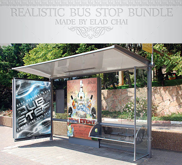 Bundle Realistic Bus Stop Flyer Poster Mockup