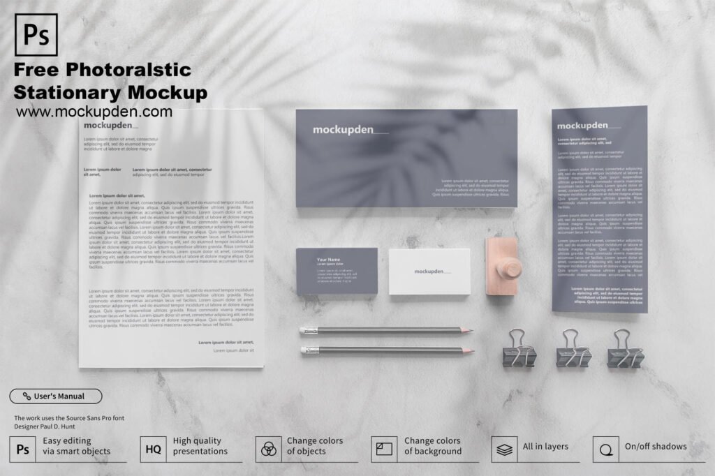 Download Free Photo realistic Stationery Mockup PSD Template