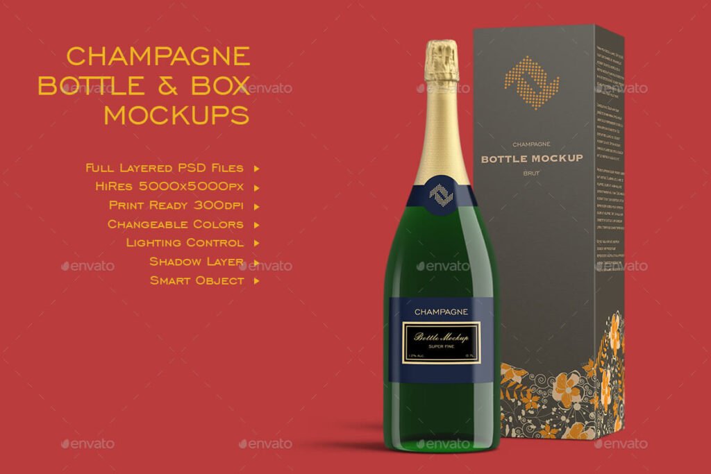 7 Champagner Bottles & Boxes Mockup