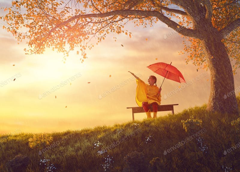 A Child Holding An Umbrella In The Spring Season PSD Mockup.