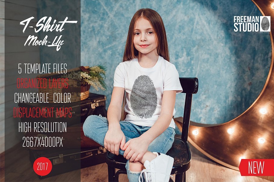 A Kid Wearing Finger Printed T-shirt Sitting On A Chair Mockup.