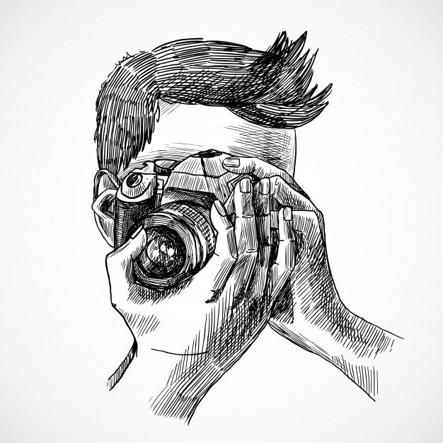 A Sketch Of Man Taking Pictures With His Camera PSD Mockup.