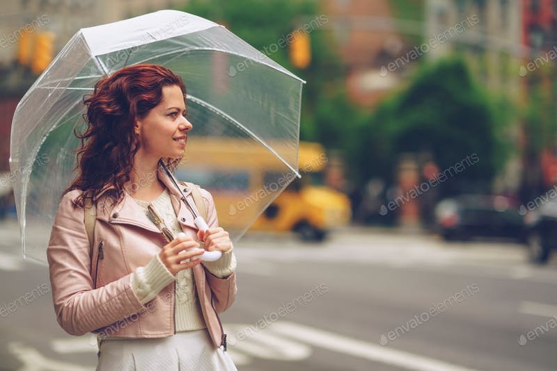 A Smiling Girl Holding A Transparent Umbrella PSD Template.