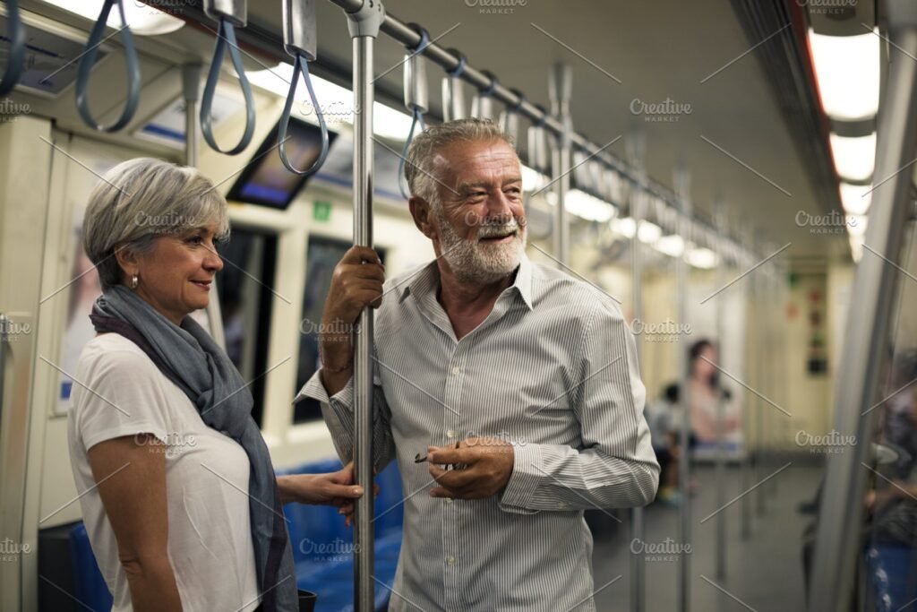 An Old Couple Travelling Together On A Metro Train Mockup
