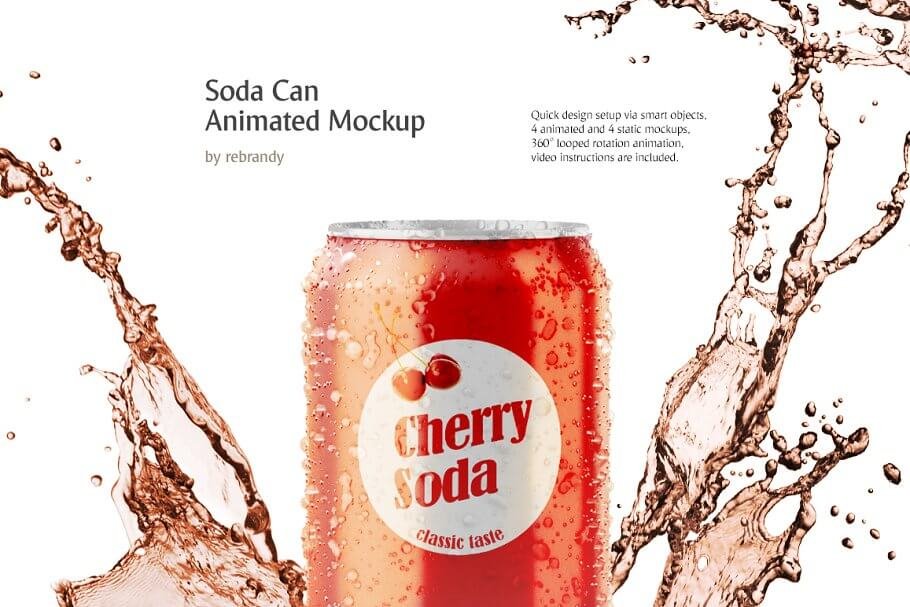 Animated Soda Can Mockup With Cold Drink Splash