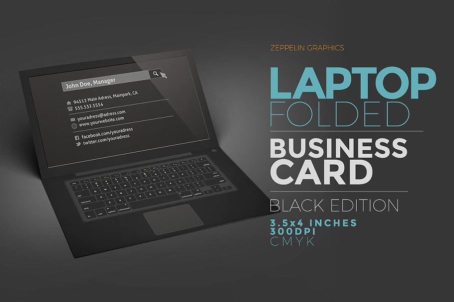 Black Edition Laptop Folded Business Card Mockup