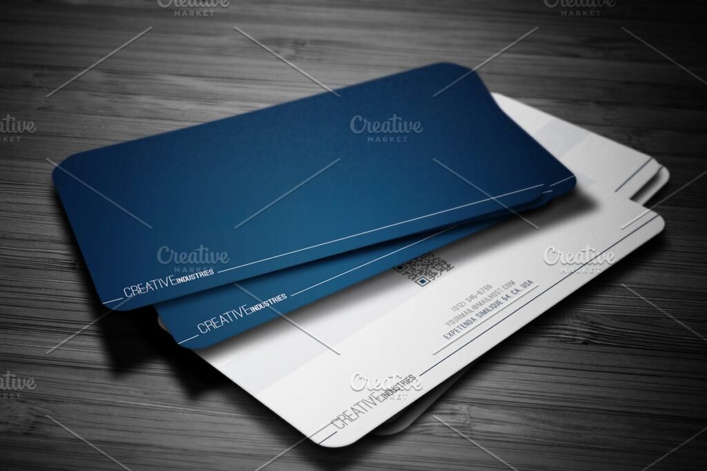 Blank Blue And White Color Business Card Kept On Wooden Floor