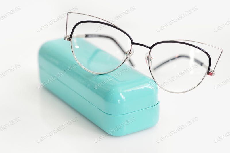 Blue Case with fashionable glasses Mockup PSD