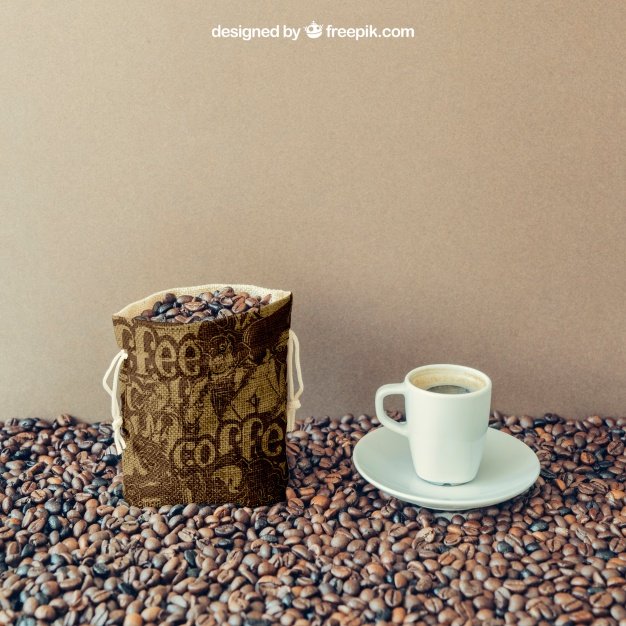 Coffee Packaging Bag With Coffee Beans Scattered Mockup