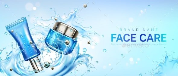 Cosmetics Face Cream Jar and Tube on Water Splash