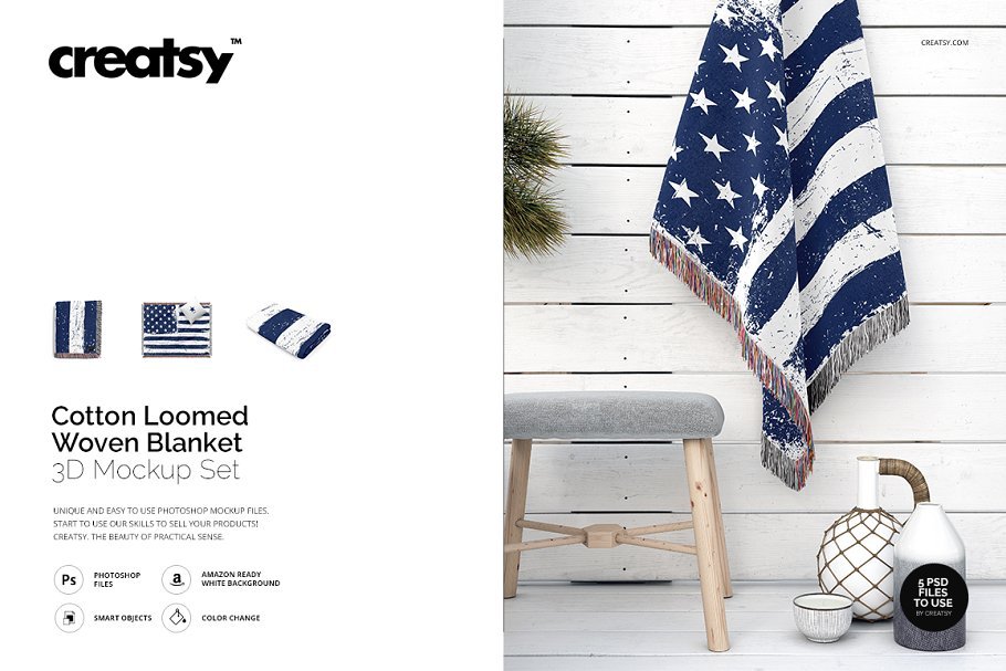 Cotton Loomed Woven Blanket PSD Mockup.