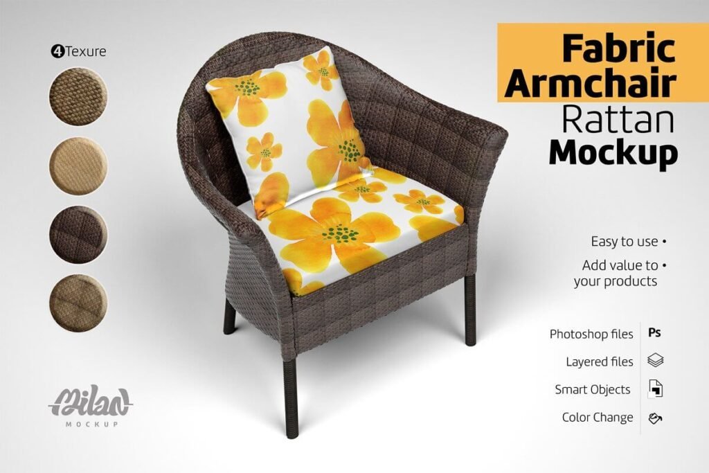 Fabric Armchair Rattan - Mockup