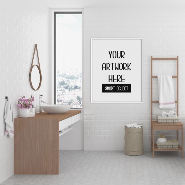 Frame mockup, bathroom with white vertical frame, scandinavian interior Premium Psd
