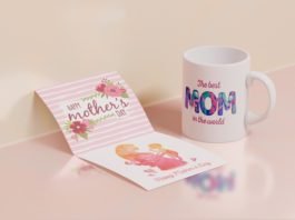 Free Close-up mothers day greeting card with mug Mockup PSD Template