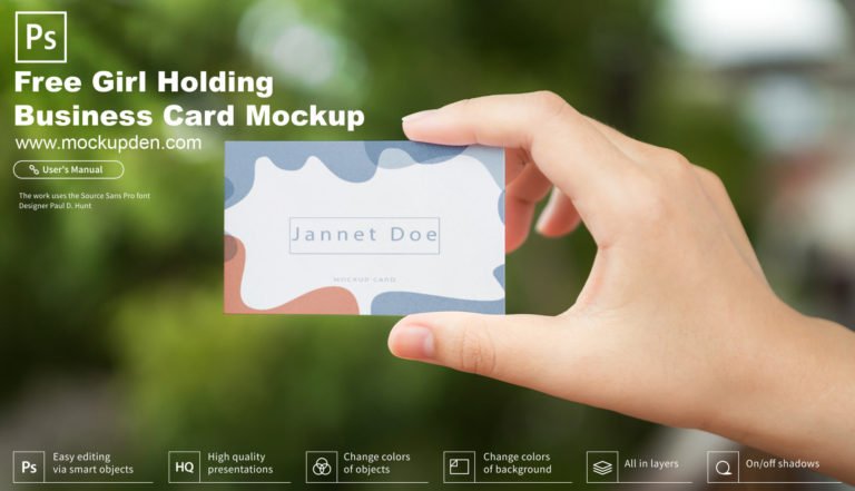 Free Girl Holding Business Card Mockup PSD Template
