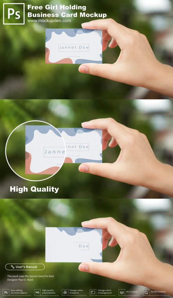 Female Hand Holding Business Card Mockup Free PSD Template