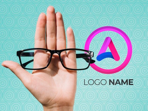 Hand holding glasses and logo name design Free Psd