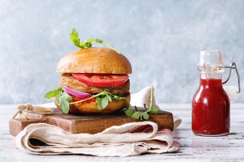 Homemade Meat Burger With A Sauce Bottle Mockup. 