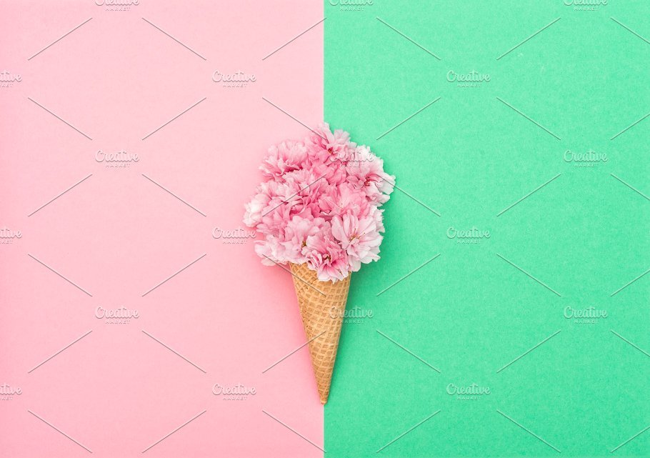 Ice Cream Holding Flowers PSD in Customizable Background