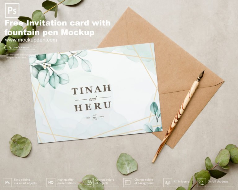 Free Invitation Card With Fountain Pen Mockup PSD Template