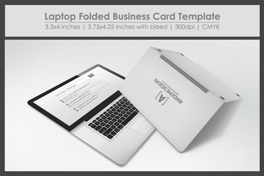 Laptop Theme Folded Business Card Template And Mockup