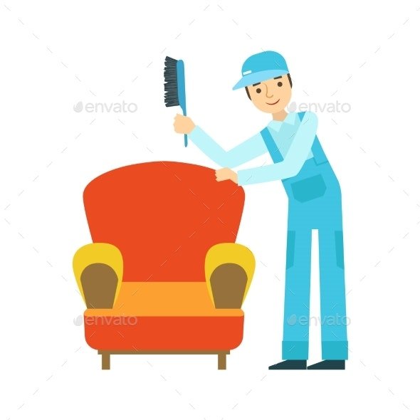 Man Dusting Armchair With Brush, Cleaning Service