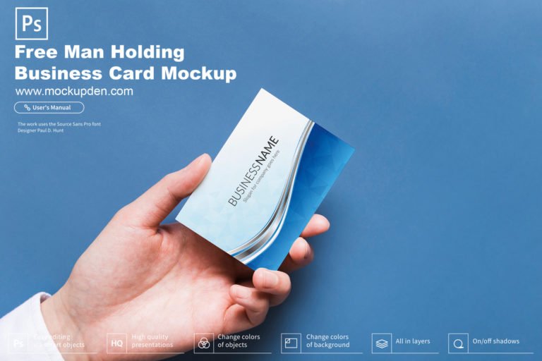 Free Man Holding Business Card Mockup PSD Template