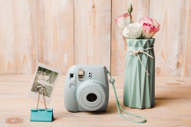 Mini Instant Camera With Flower Vase Beside