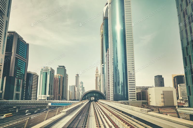 Modern Dubai Metro Scene With Retro Filter