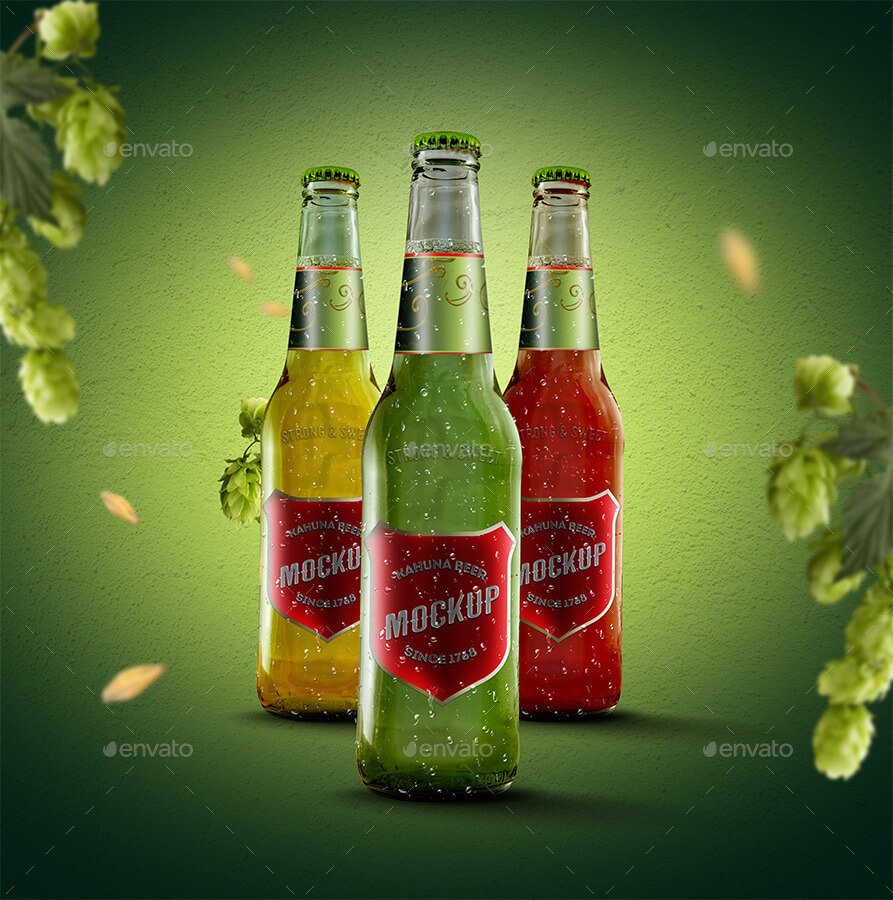 Multi coloured beer bottle PSD Mockup: