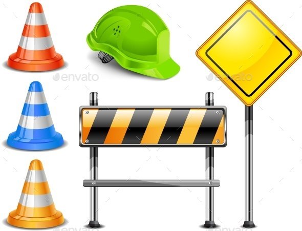 Multiple construction Site Sign Boards And Safety Hat Illustration