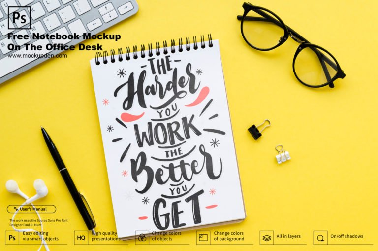 Free Notebook Mockup On The Office Desk PSD Template